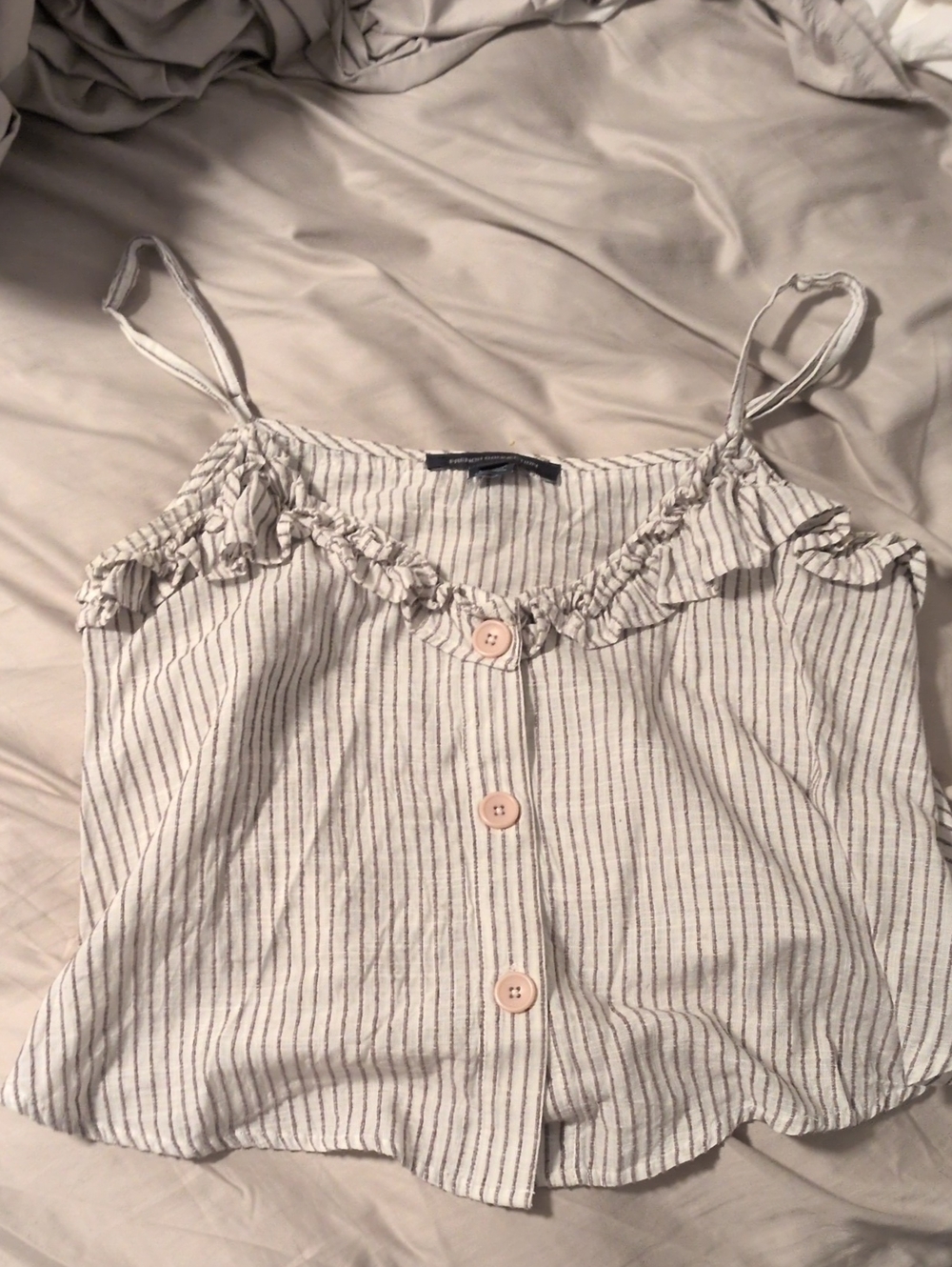 French Connection White and Gray Striped Ruffle Button Cami